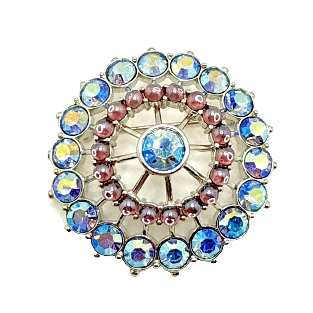 Vintage Blue Aurora Borealis Rhinestone Brooch Purple Moonstone Accents 2 1/8